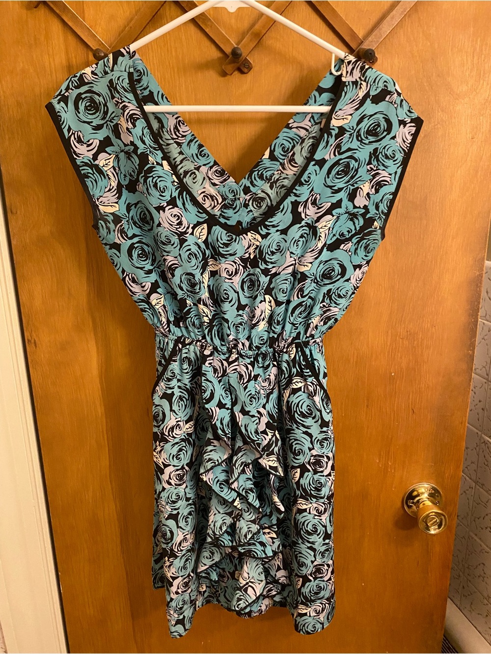 Yumi Kim 100% Silk Floral V-Neck Teal & Black Women’s Dress